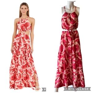 Mercedes Campuzano Red Multi Tropical Parrot Halter Cutout Maxi Dress Size M